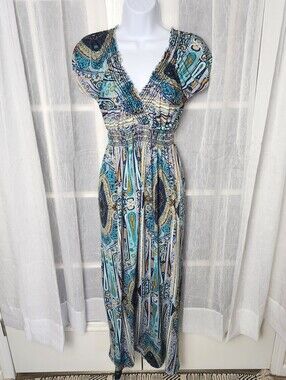 Lapogee Boho Mandala Paisley Maxi Dress M Blue Empire Waist V Neck Boho Resort